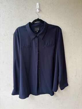 Alex Marie XXL Navy Blue Button Front Blouse Draped Workwear Top